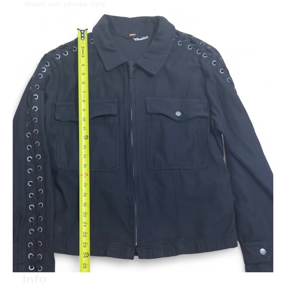 Free People Black Zip Up Jacket with Lace Up Sleeves -‎ Military Style - Size M - Picture 4 of 10